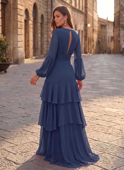A-Line V-Neck Long Sleeves Sweep Train Chiffon Evening Dresses With Sash/Tiered
