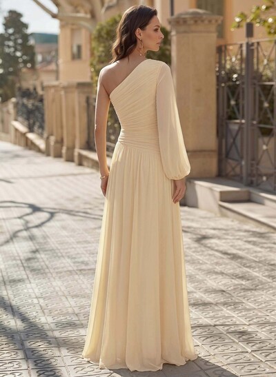 Sheath/Column One-Shoulder Long Sleeves Floor-Length Chiffon Evening Dresses With Pleated