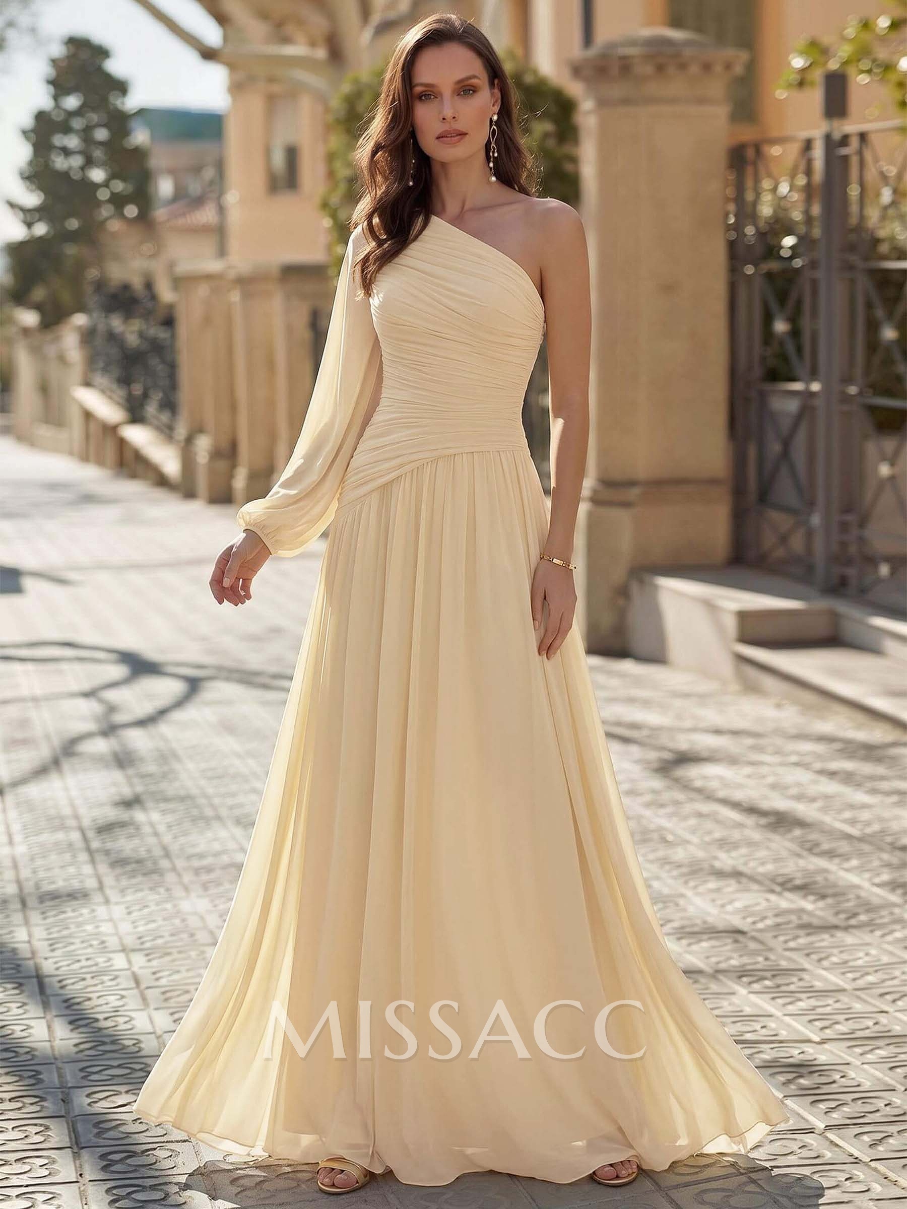 Sheath/Column One-Shoulder Long Sleeves Floor-Length Chiffon Evening Dresses With Pleated