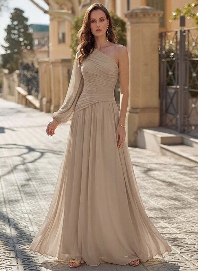 Sheath/Column One-Shoulder Long Sleeves Floor-Length Chiffon Evening Dresses With Pleated