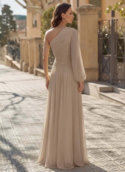 Sheath/Column One-Shoulder Long Sleeves Floor-Length Chiffon Evening Dresses With Pleated