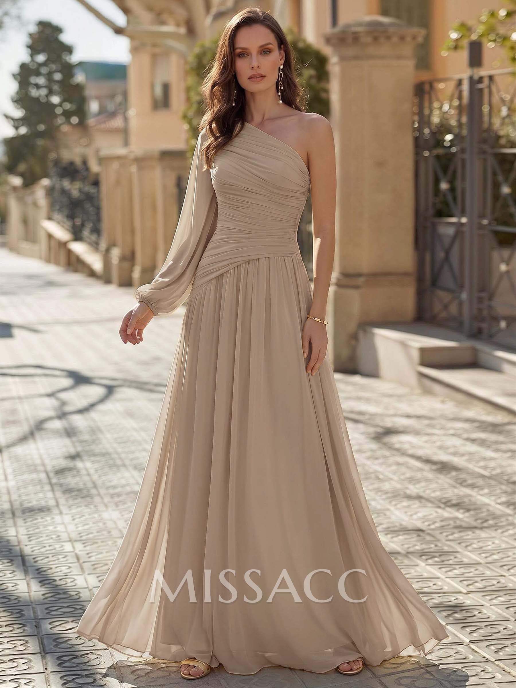 Sheath/Column One-Shoulder Long Sleeves Floor-Length Chiffon Evening Dresses With Pleated