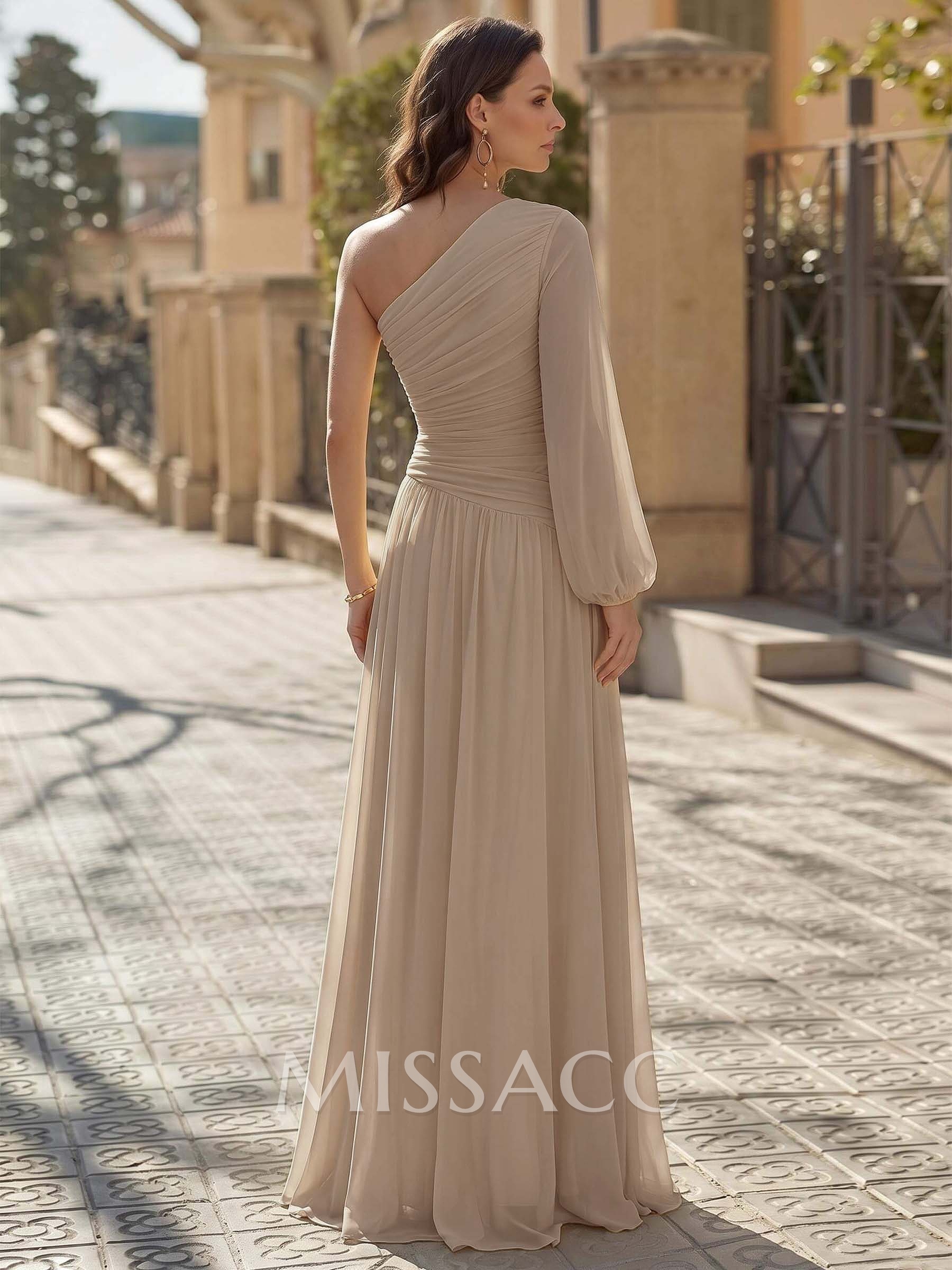 Sheath/Column One-Shoulder Long Sleeves Floor-Length Chiffon Evening Dresses With Pleated