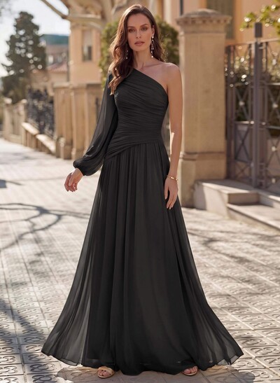 Pleated Chiffon One-Shoulder Sheath Floor-Length Evening Gown With Long Sleeve