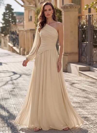 Pleated Chiffon One-Shoulder Sheath Floor-Length Evening Gown With Long Sleeve