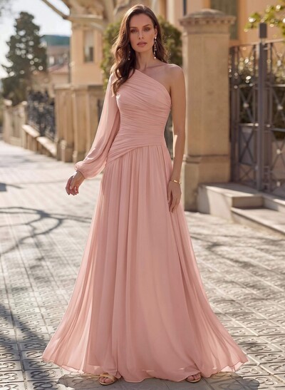 Sheath/Column One-Shoulder Long Sleeves Floor-Length Chiffon Evening Dresses With Pleated