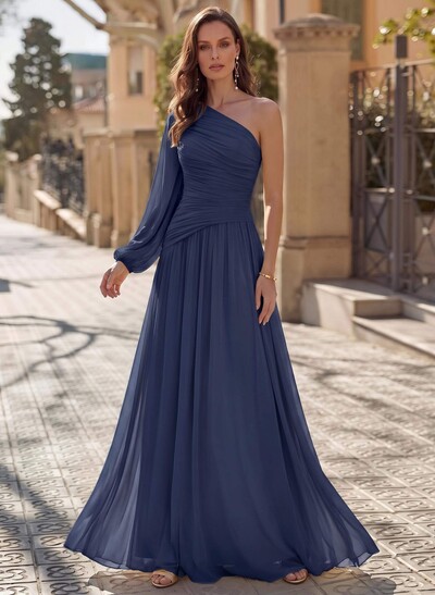 Pleated Chiffon One-Shoulder Sheath Floor-Length Evening Gown With Long Sleeve