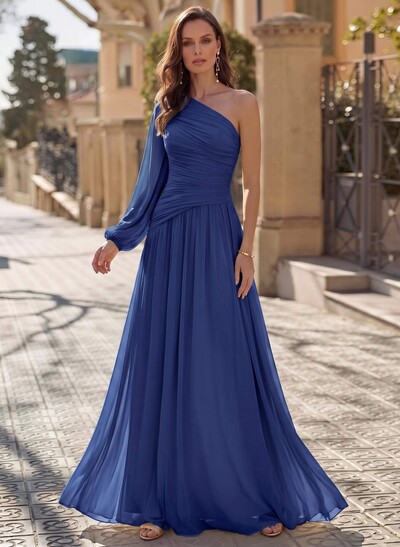 Pleated Chiffon One-Shoulder Sheath Floor-Length Evening Gown With Long Sleeve