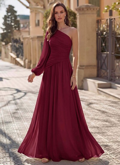 Sheath/Column One-Shoulder Long Sleeves Floor-Length Chiffon Evening Dresses With Pleated