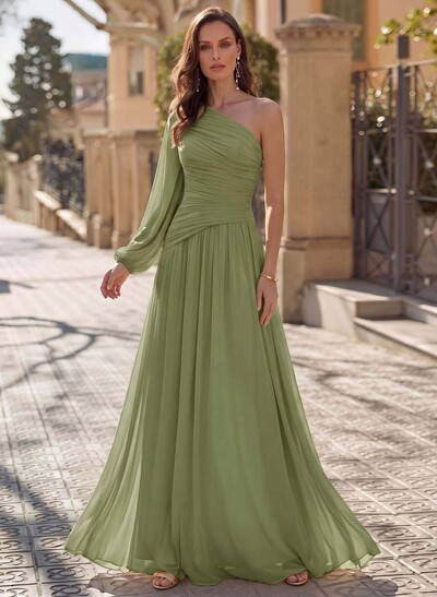 Sheath/Column One-Shoulder Long Sleeves Floor-Length Chiffon Evening Dresses With Pleated