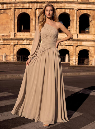 Pleated Chiffon One-Shoulder Sheath Floor-Length Evening Gown With Long Sleeve