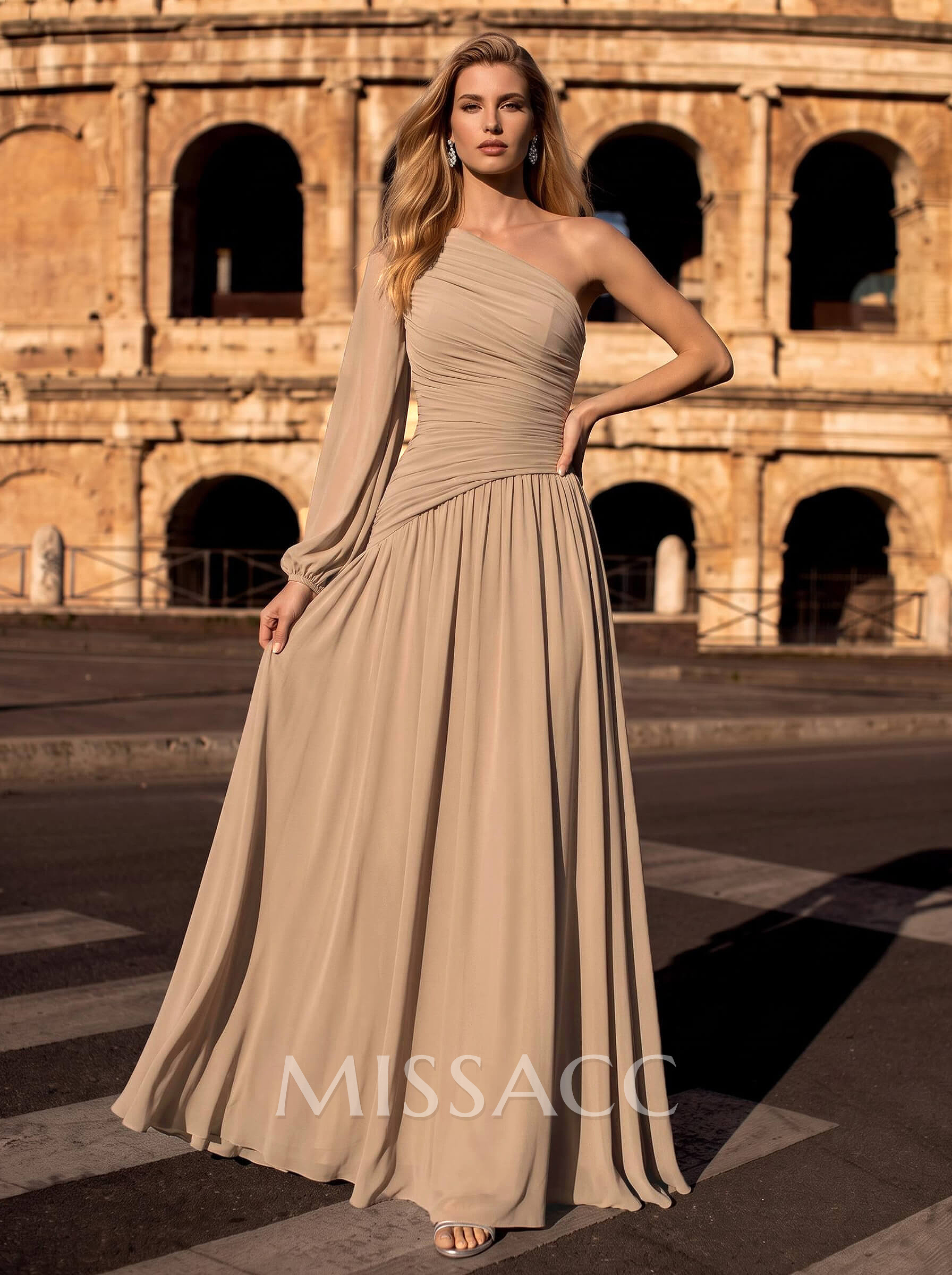 Sheath/Column One-Shoulder Long Sleeves Floor-Length Chiffon Evening Dresses With Pleated