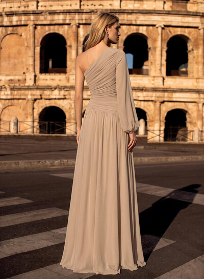 Pleated Chiffon One-Shoulder Sheath Floor-Length Evening Gown With Long Sleeve