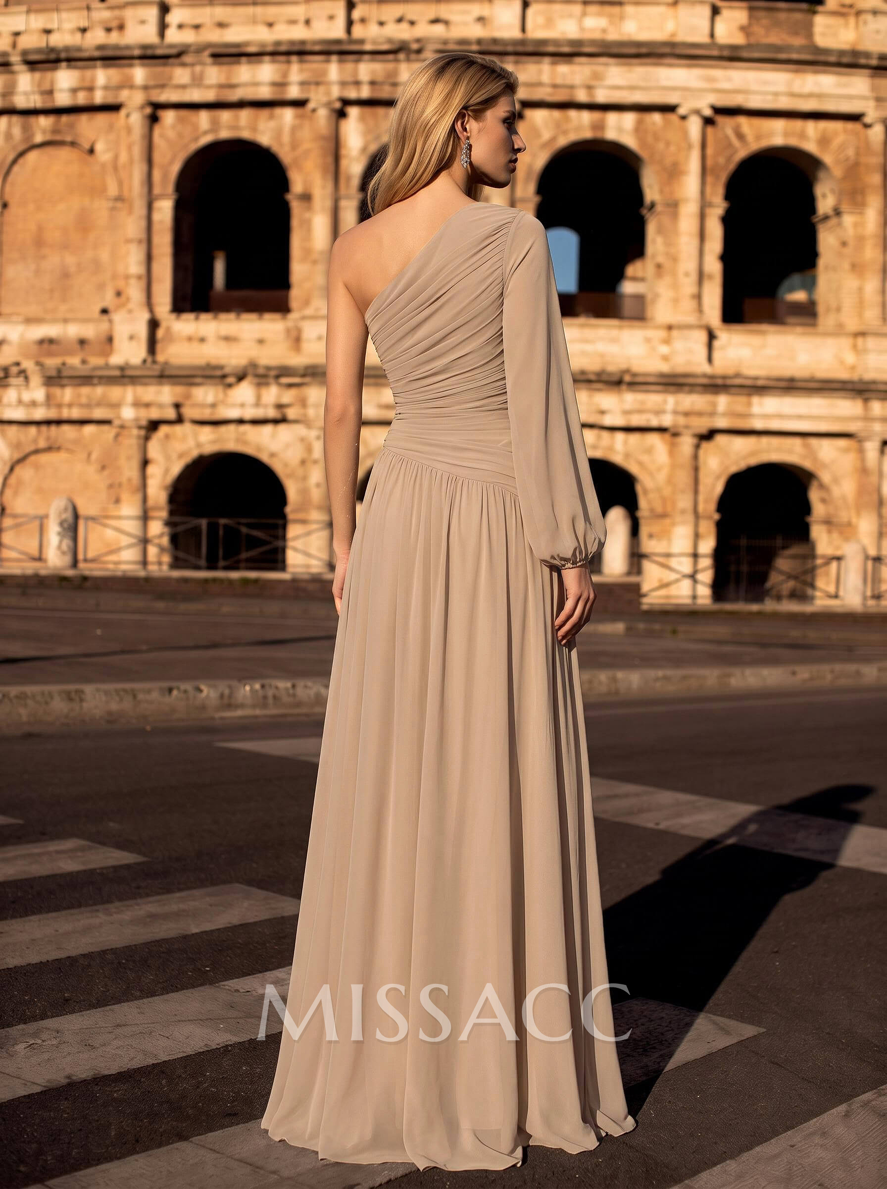 Sheath/Column One-Shoulder Long Sleeves Floor-Length Chiffon Evening Dresses With Pleated