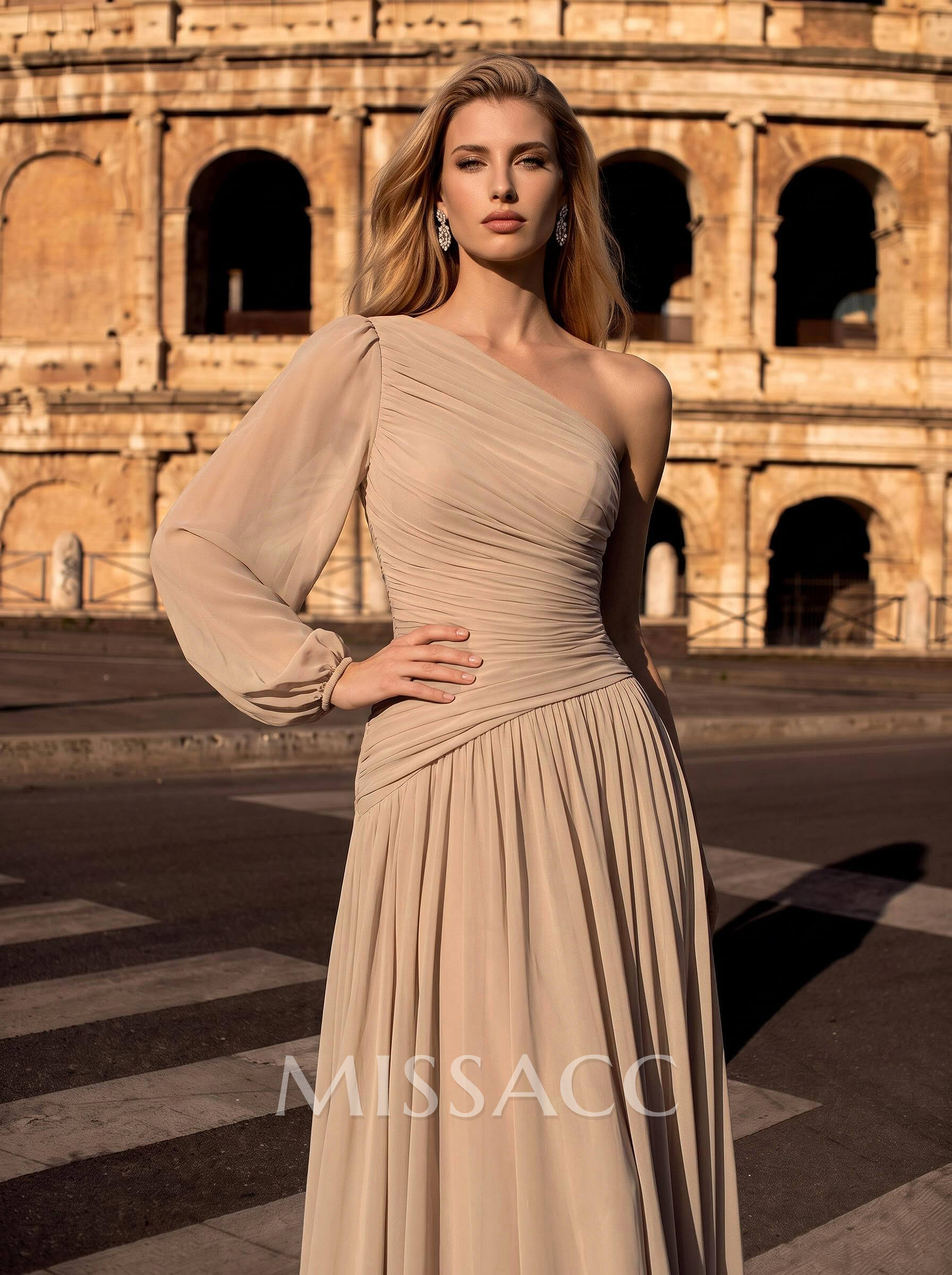 Sheath/Column One-Shoulder Long Sleeves Floor-Length Chiffon Evening Dresses With Pleated