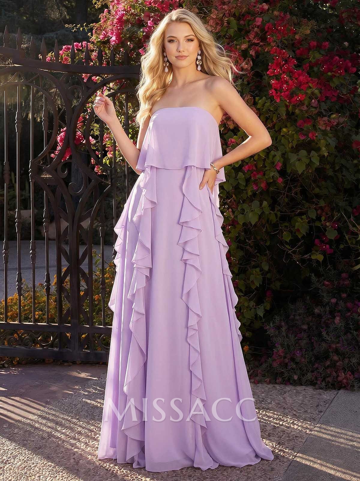 Sheath/Column Strapless Sleeveless Floor-Length Chiffon Evening Dresses With Cascading Ruffles