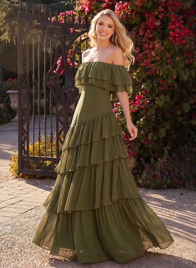 A-Line Off-The-Shoulder Sleeveless Floor-Length Chiffon Evening Dresses With Tiered