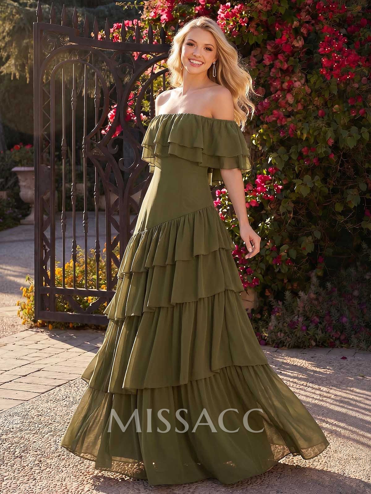 A-Line Off-The-Shoulder Sleeveless Floor-Length Chiffon Evening Dresses With Tiered