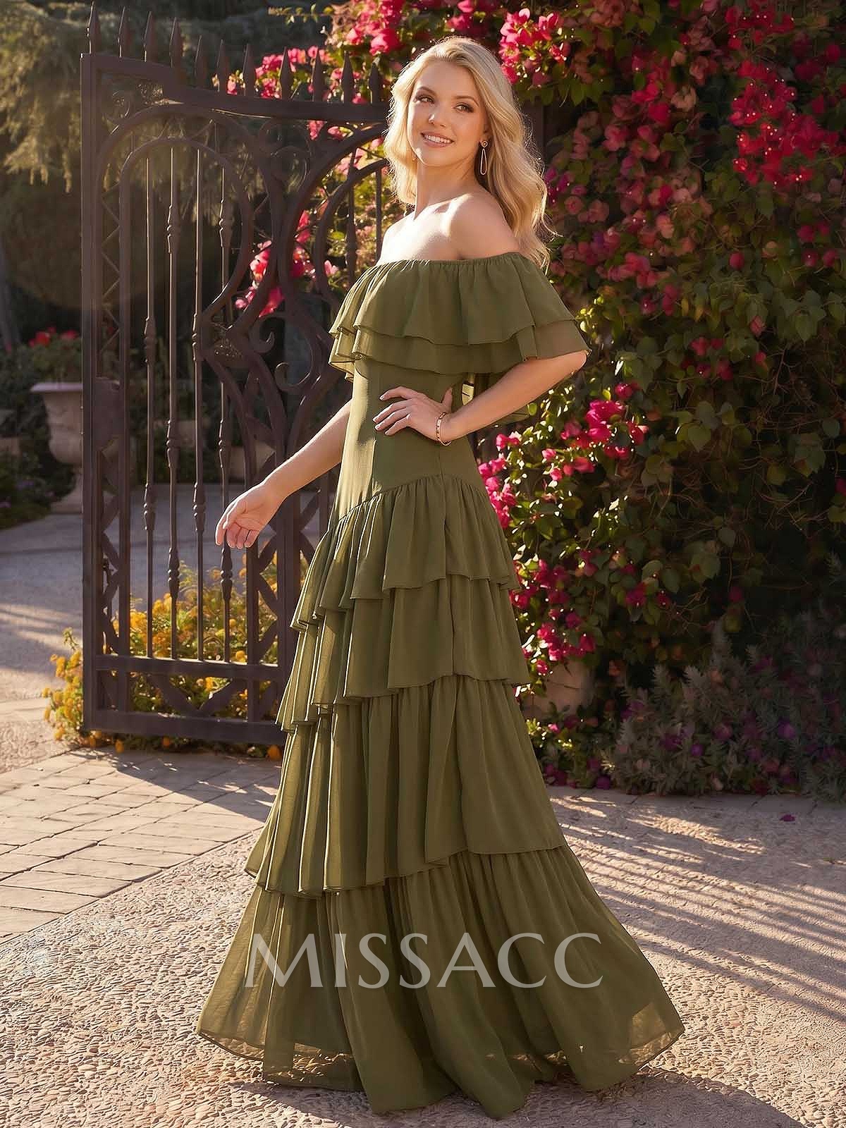 A-Line Off-The-Shoulder Sleeveless Floor-Length Chiffon Evening Dresses With Tiered