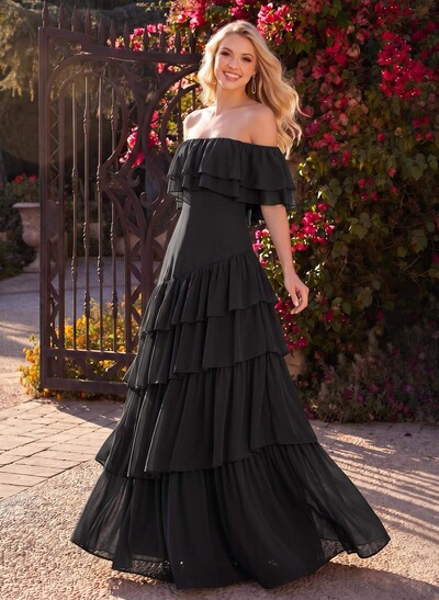 A-Line Off-The-Shoulder Sleeveless Floor-Length Chiffon Evening Dresses With Tiered