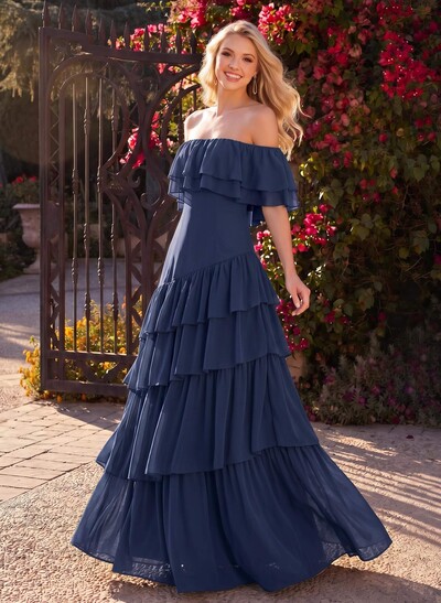 A-Line Off-The-Shoulder Sleeveless Floor-Length Chiffon Evening Dresses With Tiered