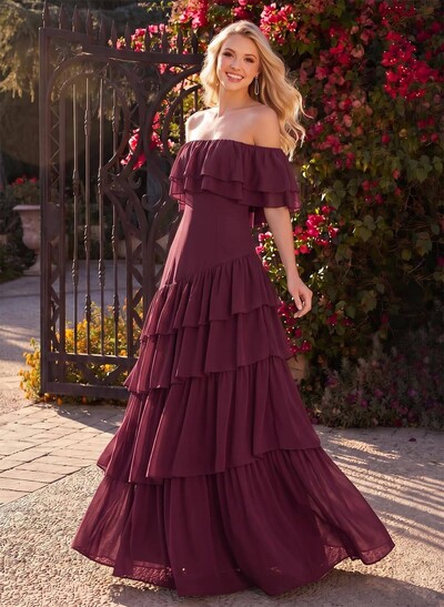 A-Line Off-The-Shoulder Sleeveless Floor-Length Chiffon Evening Dresses With Tiered