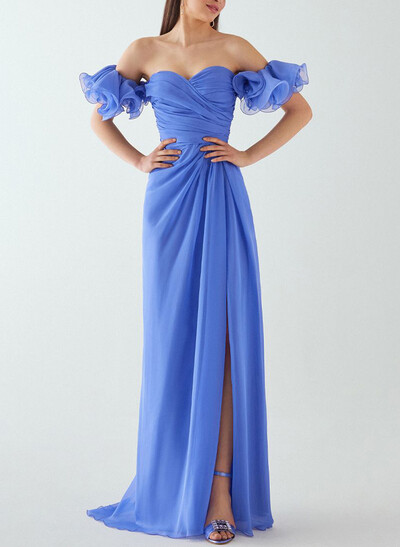 Sheath/Column Sweetheart Sleeveless Floor-Length Chiffon Evening Dresses With Shoulder Ruffle