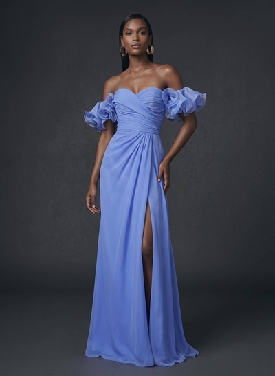 Sheath/Column Sweetheart Sleeveless Sweep Train Chiffon Evening Dresses With Shoulder Ruffle