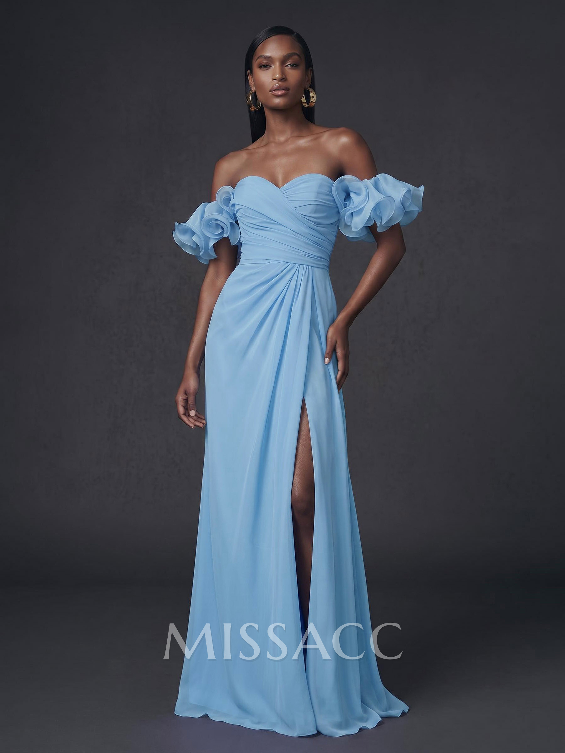 Sheath/Column Sweetheart Sleeveless Sweep Train Chiffon Evening Dresses With Shoulder Ruffle