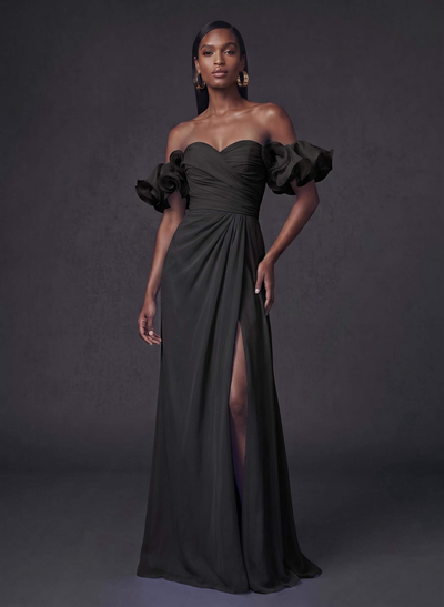 Sheath/Column Sweetheart Sleeveless Sweep Train Chiffon Evening Dresses With Shoulder Ruffle