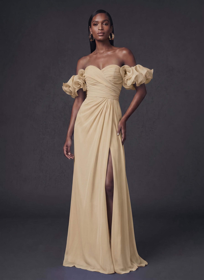 Sheath/Column Sweetheart Sleeveless Sweep Train Chiffon Evening Dresses With Shoulder Ruffle