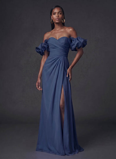 Sheath/Column Sweetheart Sleeveless Sweep Train Chiffon Evening Dresses With Shoulder Ruffle