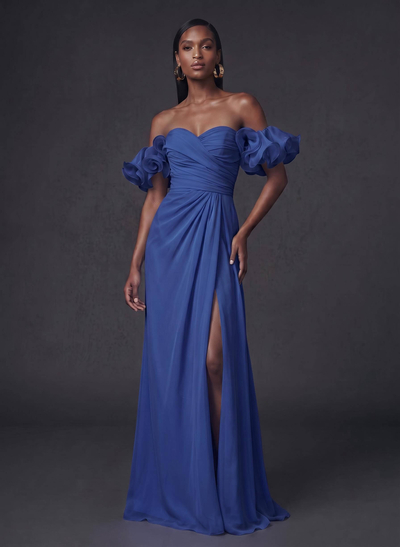 Sheath/Column Sweetheart Sleeveless Sweep Train Chiffon Evening Dresses With Shoulder Ruffle