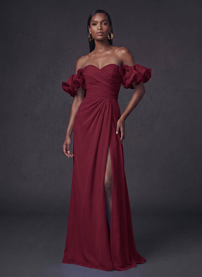 Sheath/Column Sweetheart Sleeveless Sweep Train Chiffon Evening Dresses With Shoulder Ruffle