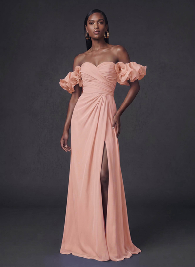Sheath/Column Sweetheart Sleeveless Sweep Train Chiffon Evening Dresses With Shoulder Ruffle
