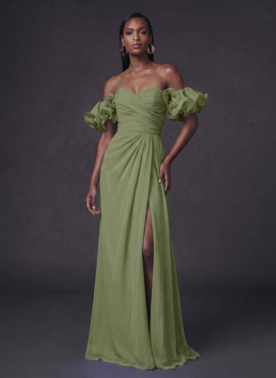 Sheath/Column Sweetheart Sleeveless Sweep Train Chiffon Evening Dresses With Shoulder Ruffle
