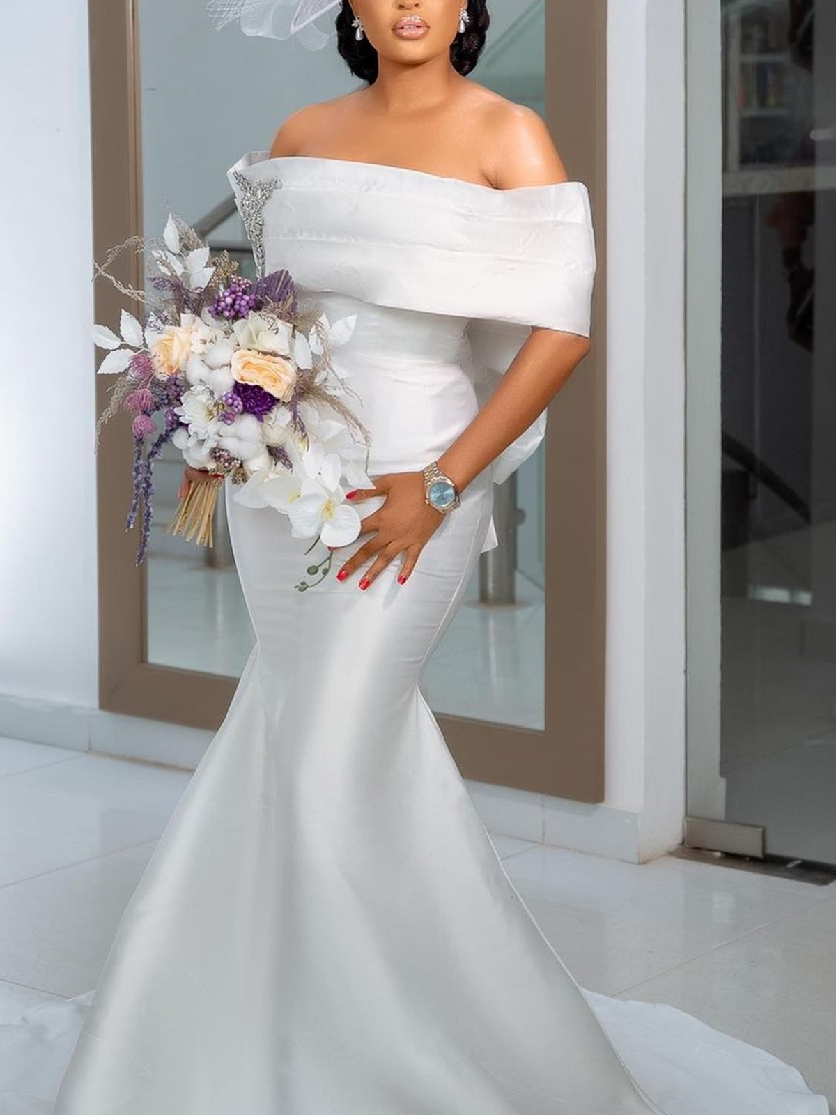 Trumpet/Mermaid Off-The-Shoulder Sleeveless Court Train Taffeta Bride Wedding Dress With Rhinestone