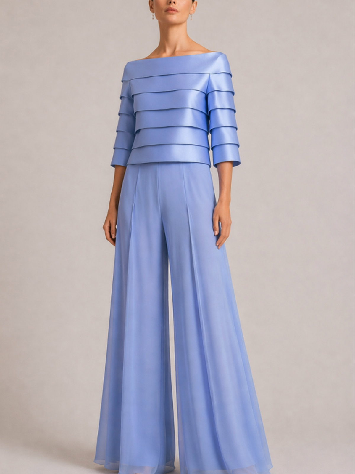 Jumpsuit/Pantsuit Scoop Neck 3/4 Sleeves Floor-Length Chiffon/Satin Evening Dresses