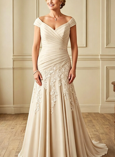 Sheath/Column Sweetheart Sleeveless Sweep Train Chiffon Evening Dresses With Pleated/Appliques Lace