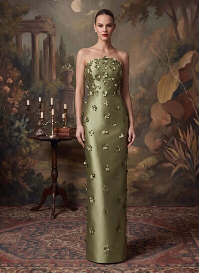 Sheath/Column Off-The-Shoulder Sleeveless Floor-Length Satin Evening Dresses With Flower(s)