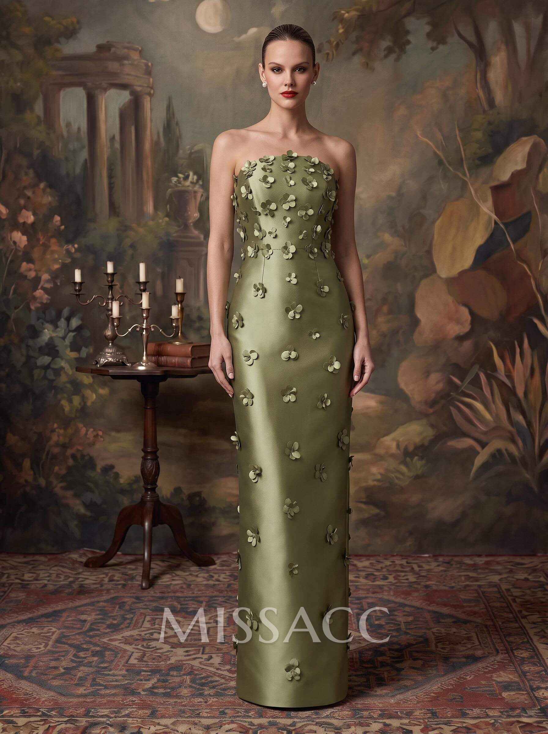 Sheath/Column Off-The-Shoulder Sleeveless Floor-Length Satin Evening Dresses With Flower(s)
