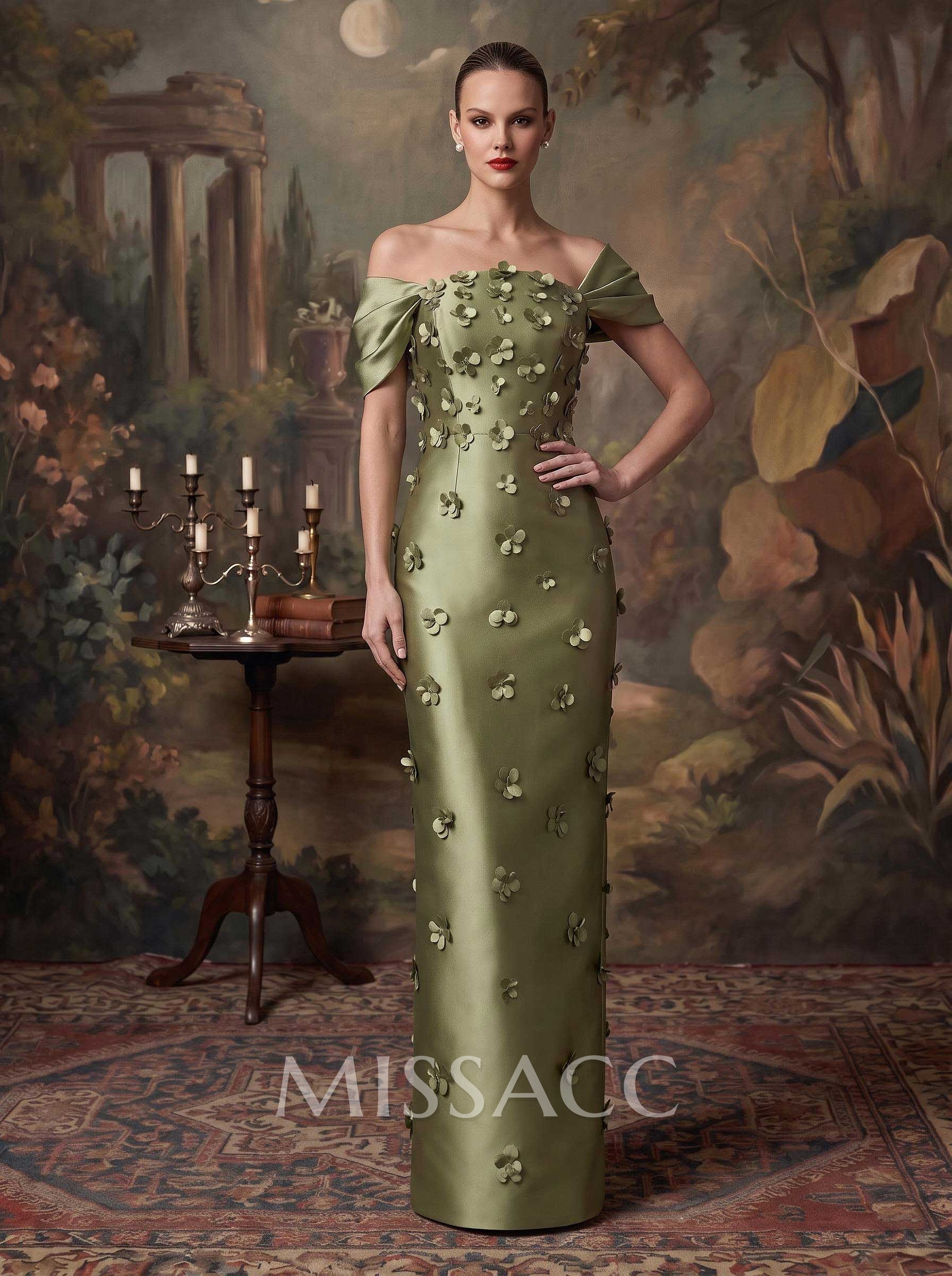 Sheath/Column Off-The-Shoulder Sleeveless Floor-Length Satin Evening Dresses With Flower(s)