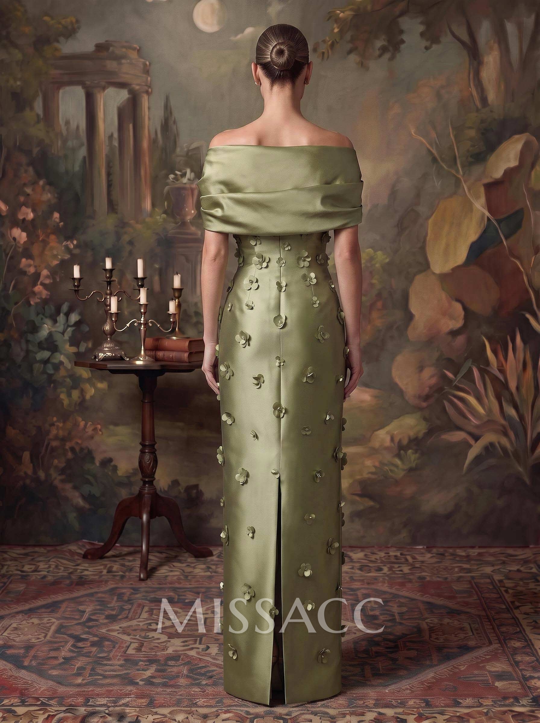 Sheath/Column Off-The-Shoulder Sleeveless Floor-Length Satin Evening Dresses With Flower(s)