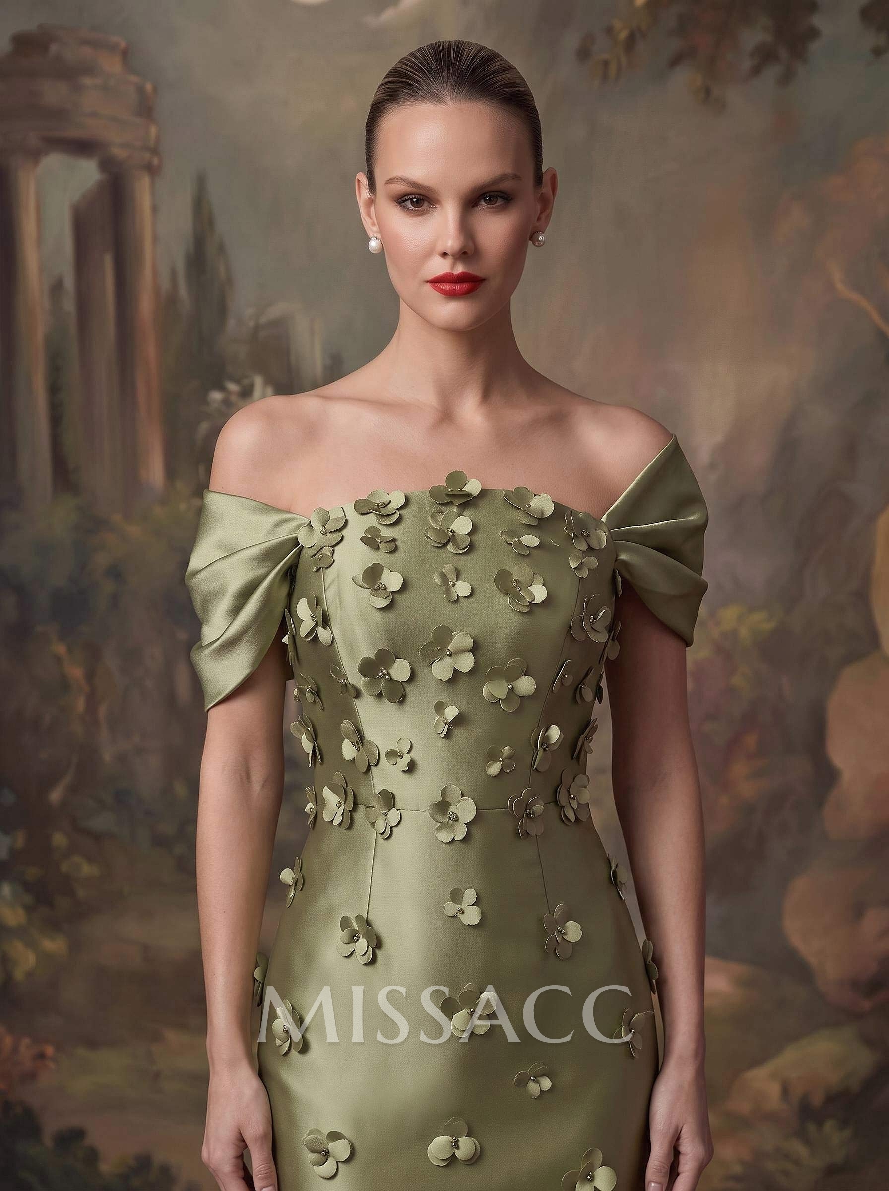 Sheath/Column Off-The-Shoulder Sleeveless Floor-Length Satin Evening Dresses With Flower(s)