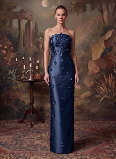 Sheath/Column Off-The-Shoulder Sleeveless Floor-Length Satin Evening Dresses With Flower(s)