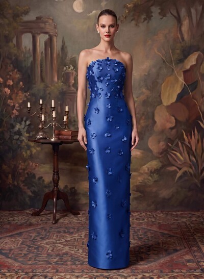 Sheath/Column Off-The-Shoulder Sleeveless Floor-Length Satin Evening Dresses With Flower(s)