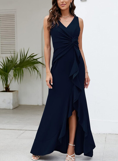 Sheath/Column V-Neck Sleeveless Floor-Length Elastic Satin Evening Dresses With Ruffle/Split Front