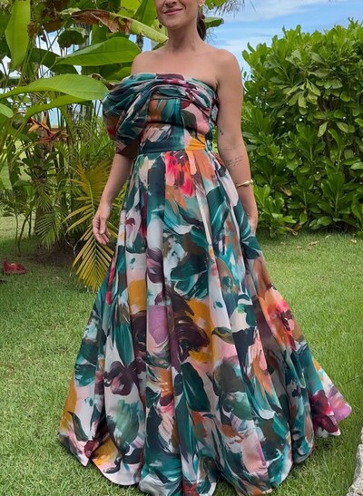 A-Line Off-The-Shoulder Sleeveless Floor-Length Chiffon Evening Dresses With Floral-Print