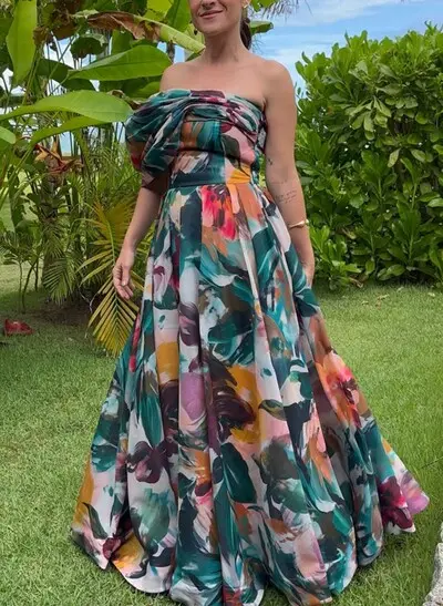 A-Line Off-The-Shoulder Sleeveless Floor-Length Chiffon Evening Dresses With Floral-Print