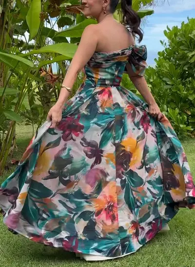 A-Line Off-The-Shoulder Sleeveless Floor-Length Chiffon Evening Dresses With Floral-Print